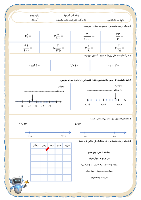 کاربرگ ریاضی پنجم ابتدایی فصل 5: آشنایی با اعداد اعشاری