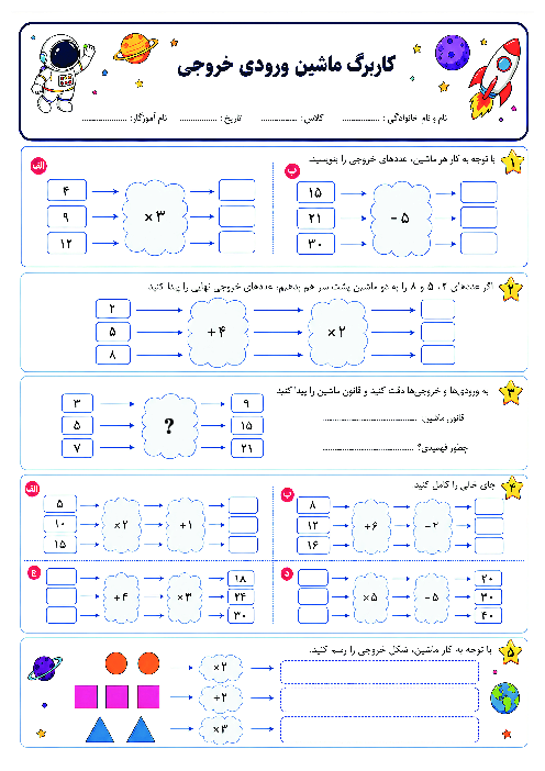 کاربرگ ماشین ورودی خروجی ریاضی چهارم ابتدایی
