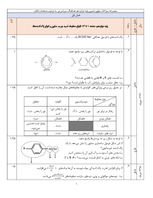 مجموعه سوالات نهایی شیمی پایه دوازدهم به ترتیب صفحات کتاب از 98 تا 1403