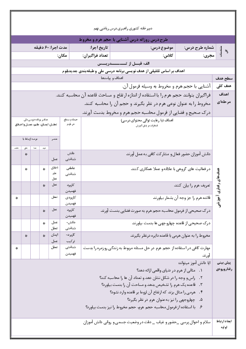 طرح درس حجم هرم و مخروط | ریاضی نهم