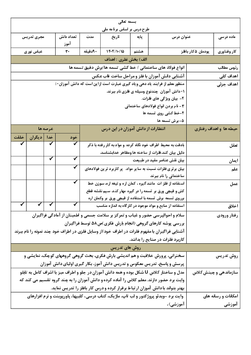 طرح درس روزانه بر اساس برنامه ملی درس کار و فناوری هشتم | پودمان 5: کار با فلز