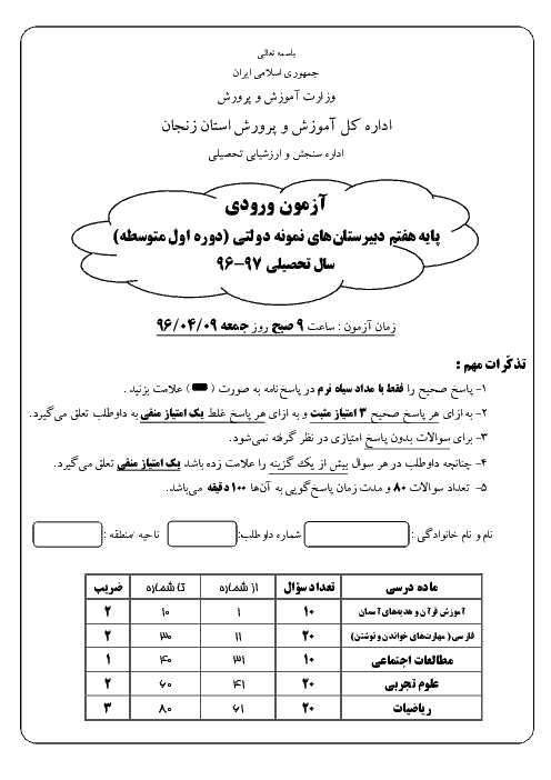 سوالات و پاسخ کلیدی آزمون ورودی پايه هفتم دبيرستان های نمونه دولتی سال تحصيلی 97-96 | استان زنجان