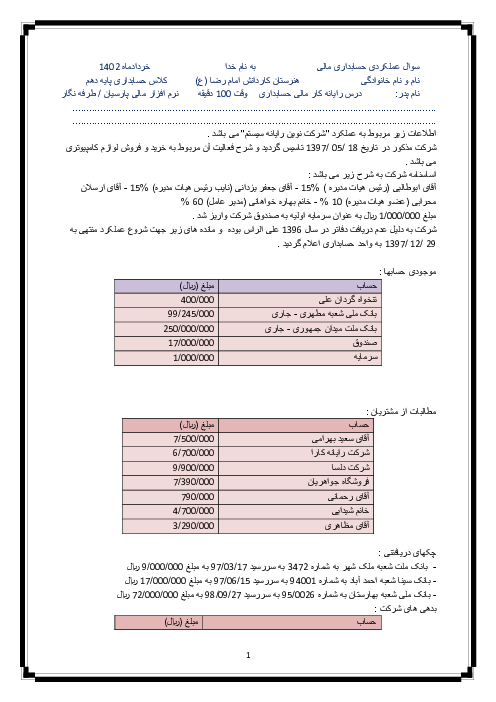 سوال عملی و کارگاهی کاربر نرم افزار مالی نرم افزار حسابداری
