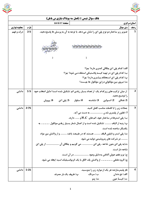 مجموعه سوالات طبقه بندی شده شیمی (2) یازدهم رشته ریاضی و تجربی + پاسخ تشریحی | فصل 3: پوشاک، نیازی پایان ناپذیر 