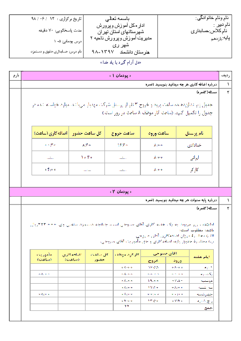 امتحان جبرانی حسابداری حقوق و دستمزد یازدهم هنرستان فنی و حرفه‌ای دانشمند | شهریور 1398