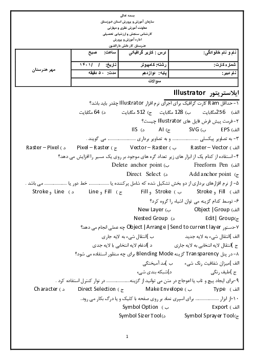 سوالات امتحان تئوری نوبت دوم کاربر گرافیکی (ایلاستریتور  Illustrator و موهو MOHO)