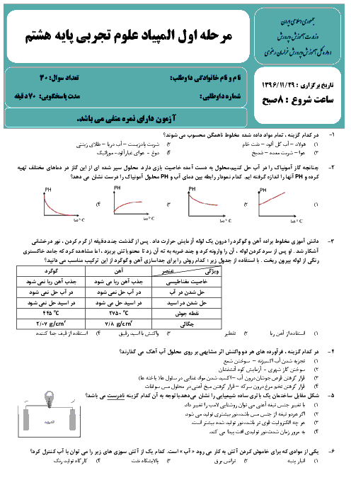 المپیاد علوم تجربی پایۀ هشتم استان خراسان رضوی (30 سؤال تستی ) + کلید | مرحلۀ اول: بهمن 96