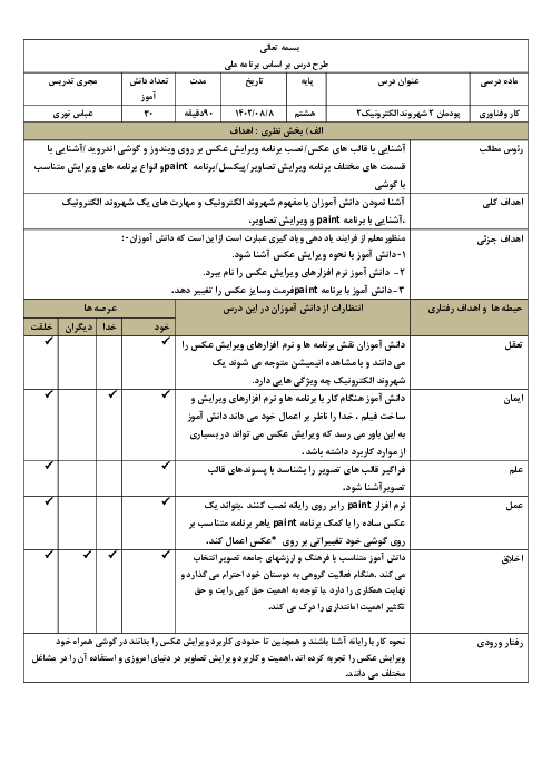 طرح درس روزانه بر اساس برنامه ملی درس کار و فناوری هشتم | پودمان 2: شهروند الکترونیک 2