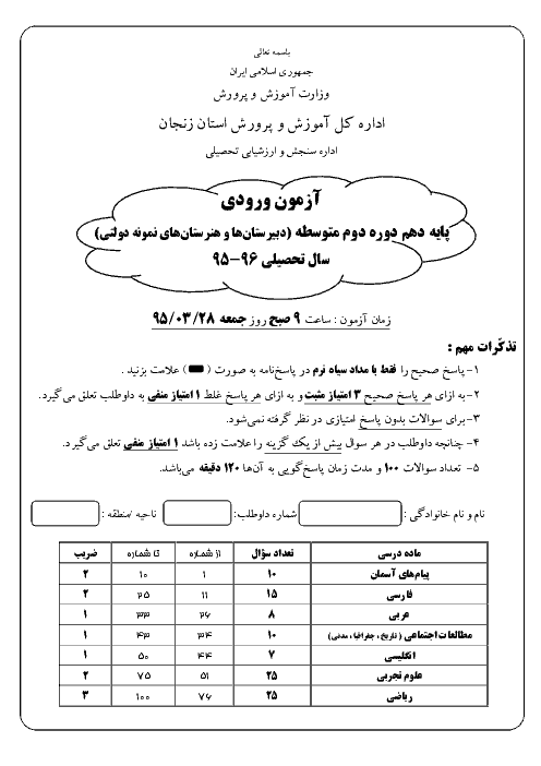 سوالات و پاسخ کلیدی آزمون ورودي پايه دهم دبيرستان هاي نمونه دولتي دوره دوم متوسطه سال تحصيلي 96-95 | استان زنجان