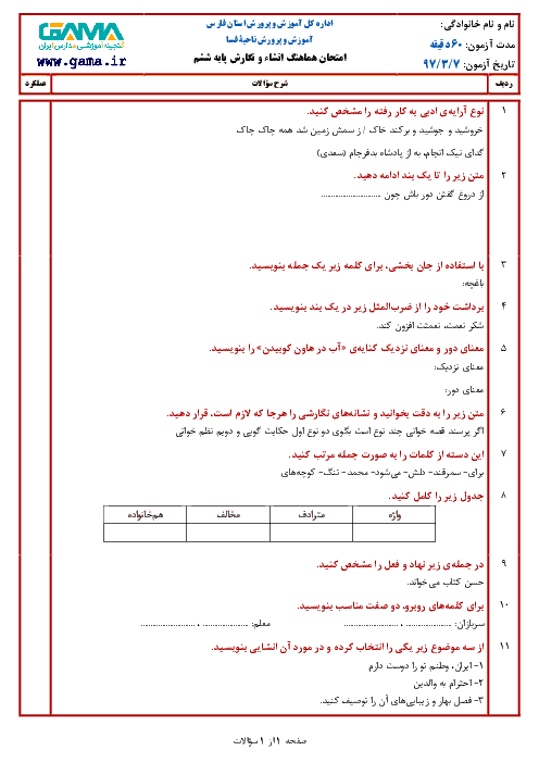 سؤالات امتحان هماهنگ نوبت دوم انشا و نگارش پایه ششم ابتدائی مدارس ناحیه فسا | خرداد 1397
