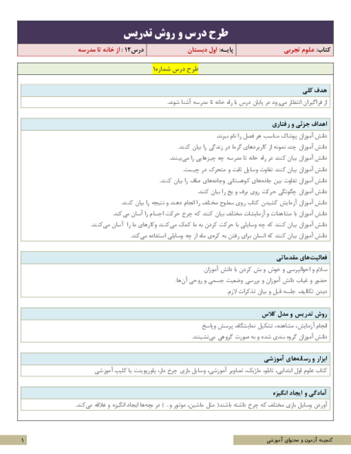 نکات آموزشی، روش تدریس و طرح درس علوم تجربی اول دبستان | درس 12 : از خانه تا مدرسه