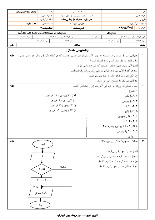 نمونه سوال رایانه کار پیشرفته یازدهم نوبت دوم اردیبهشت 1405 هنرستان عفاف