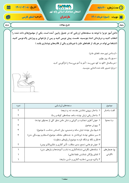 آزمون نوبت دوم نگارش نهم هماهنگ استان مازندران | خرداد 1401