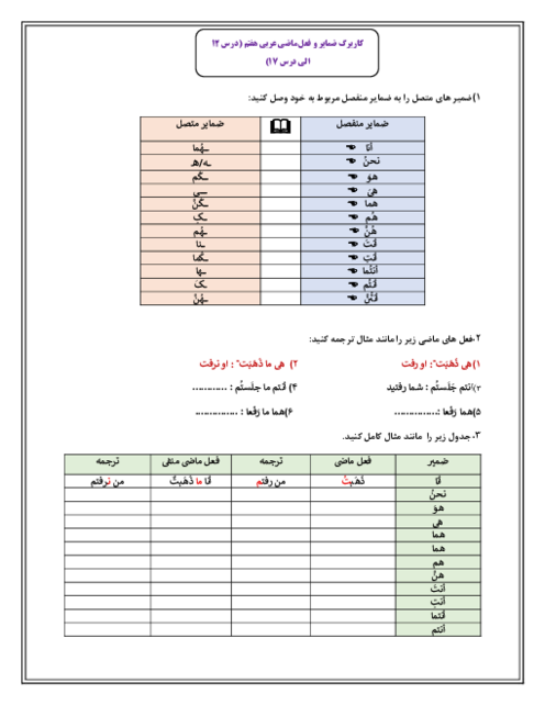 کاربرگ ضمایر و فعل ماضی | مروری بر قواعد دروس 12 تا 17 عربی هفتم