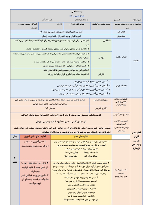 طرح درس روزانه قرآن اول دبستان | درس 7: سوره نصر، پیامبران خدا، کودکی حضرت موسی