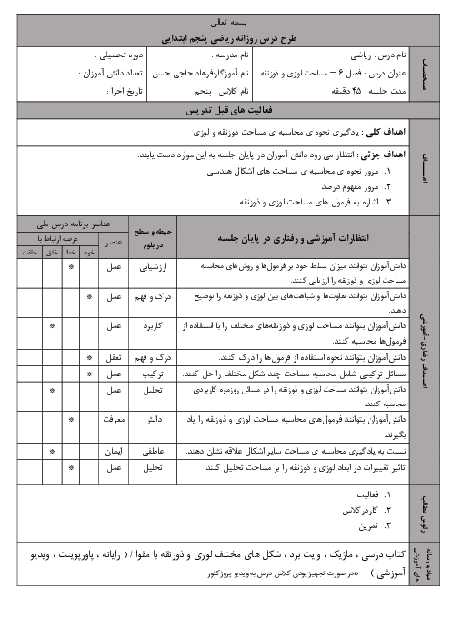 طرح درس مساحت لوزی و ذوزنقه ریاضی پنجم