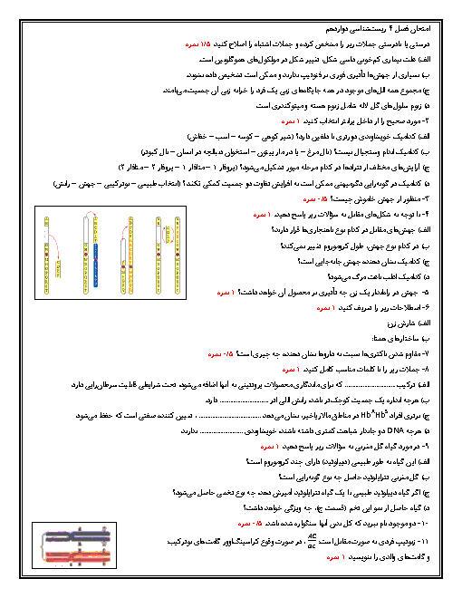 امتحان فصل 4 زیست شناسی (3) دوازدهم تجربی