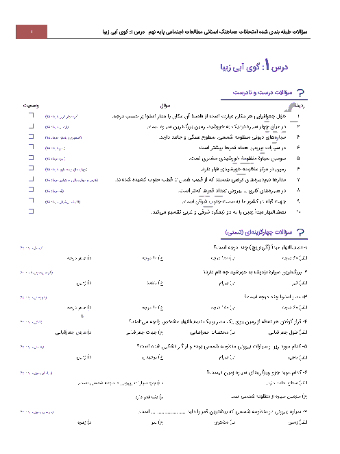 سؤالات طبقه بندی شده امتحانات هماهنگ استانی مطالعات اجتماعی پایه نهم با جواب | درس 1: گوی آبی زیبا