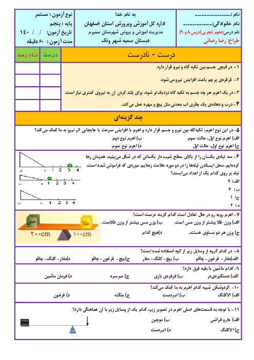 آزمون مداد کاغذی علوم تجربی پنجم دبستان سمیه ونک | درس 8 و 9: ماشین‌های ساده