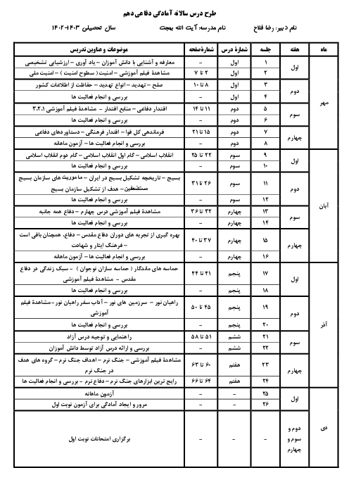 طرح درس سالانه آمادگی دفاعی دهم سال تحصیلی 1403-1402