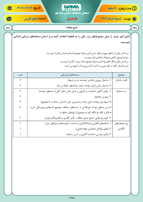 امتحان هماهنگ استانی خرداد 1402 انشای فارسی پایه نهم استان مازندران