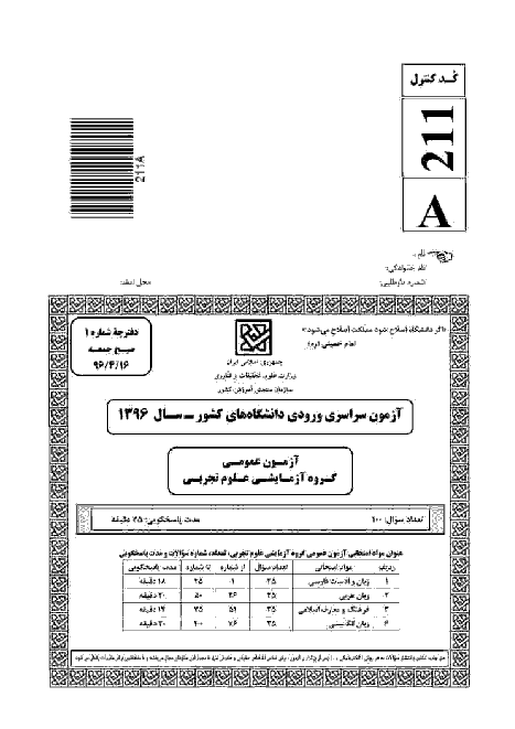 سوالات آزمون سراسری گروه آزمایشی علوم تجربی | کنکور 1396