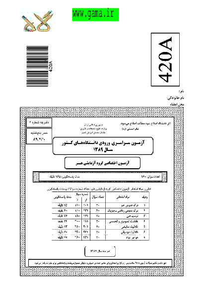 سوالات و پاسخنامه کلیدی آزمون سراسری رشته هنر - کنکور 1389