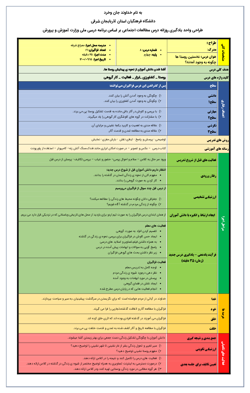 طرح درس روزانه مطالعات اجتماعی چهارم درس8: نخستین روستا ها چگ.نه به وجود آمدند؟