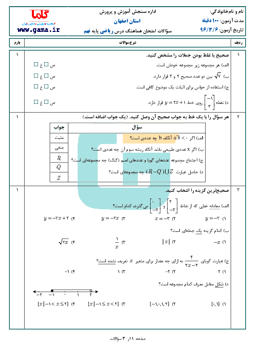 سؤالات و پاسخنامه امتحان هماهنگ استانی نوبت دوم خرداد ماه 96 درس ریاضی پایه نهم | استان اصفهان