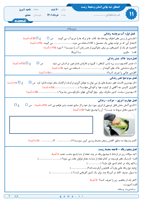 کلید طلایی امتحان نهایی درس انسان و محیط زیست خرداد 1403