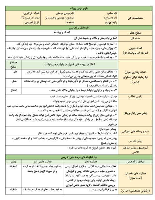 طرح درس مطالعات ششم | درس 1: دوستی