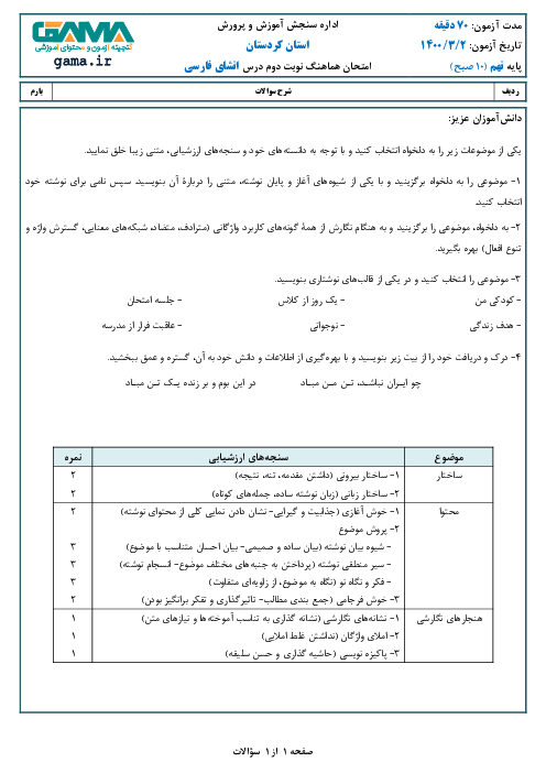 امتحان هماهنگ انشای فارسی پایه نهم استان کردستان | خرداد 1400