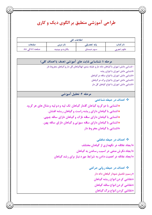 طراحی آموزشی علوم تجربی سوم دبستان منطبق بر الگوی دیک و کاری | درس 11: بکارید و ببینید