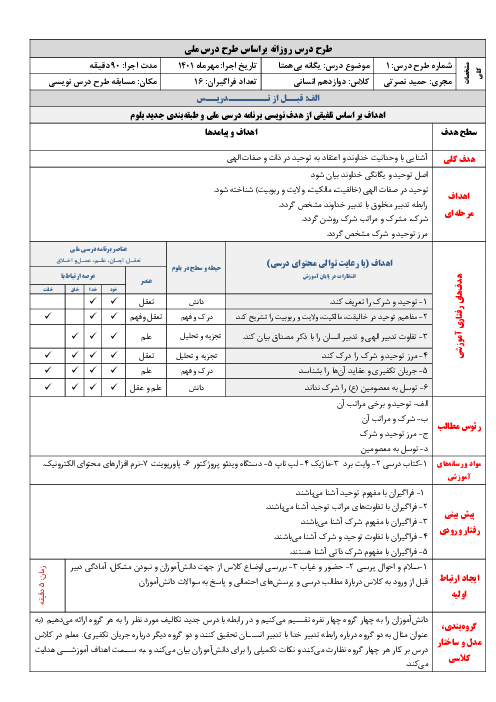 طرح درس روزانه دین و زندگی دوازدهم انسانی | درس 2: یگانه بی همتا
