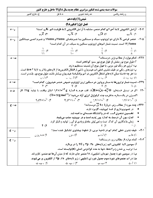 سوالات شیمی (1) پایه دهم نظام 3-3-6 کنکور سراسری داخل کشور در تیر ماه 98 و 99 