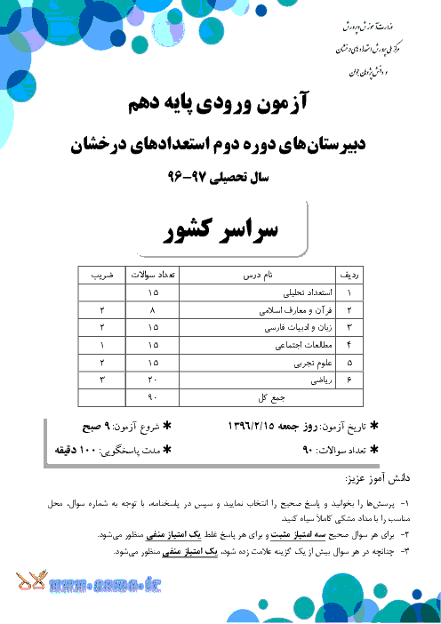 آزمون ورودی پایه دهم دبیرستان های دوره دوم استعدادهای درخشان سراسر کشور با پاسخ تشریحی | سال تحصیلی 97-96