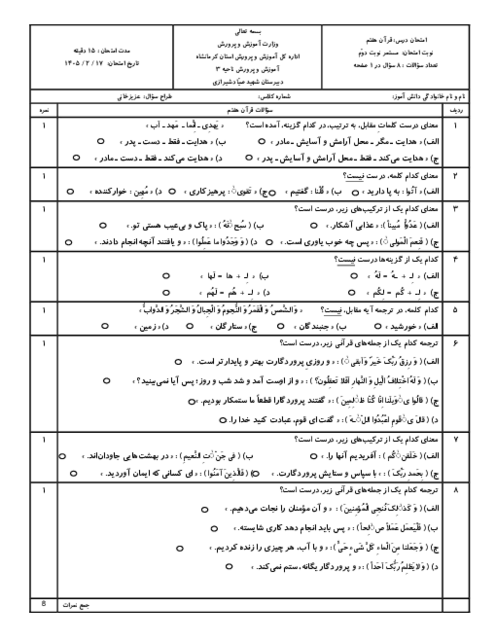 نمونه سوال تستی قرآن هفتم نوبت دوم اردیبهشت 1405 مدرسه صیاد شیرازی 