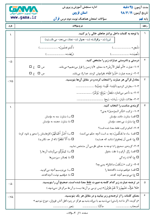 سؤالات امتحان هماهنگ استانی نوبت دوم قرآن پایه نهم استان قزوین | خرداد 1398 + پاسخ