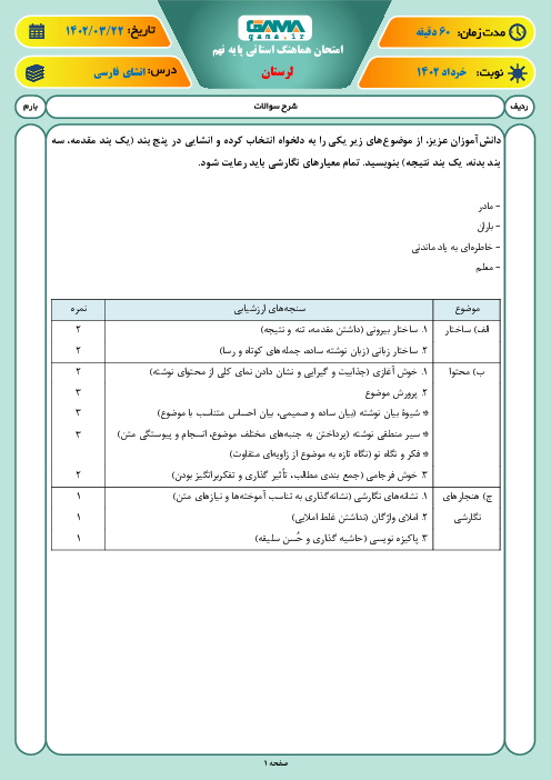 امتحان هماهنگ استانی خرداد 1402 انشای فارسی پایه نهم استان لرستان