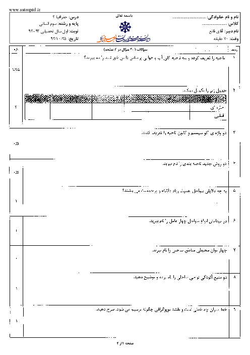 سوالات امتحان نوبت اول سال 1391 جغرافیا (2) سوم انسانی| آقای قانع
