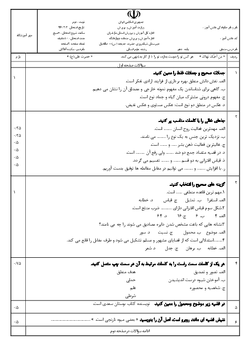 سوالات امتحان نوبت دوم منطق دهم رشته علوم انسانی دبیرستان حضرت خدیجه (س) با پاسخ تشریحی- خرداد 96 
