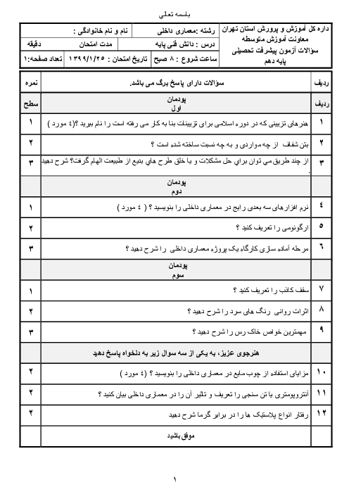 سوالات امتحان تئوری دانش فنی پایه دهم رشته معماری داخلی هنرستان آیت الله هاشمی رفسنجانی | فصل ١ تا 3