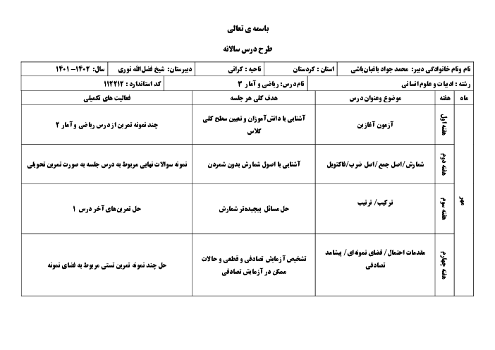 طرح درس سالانه ریاضی و آمار (3) دوازدهم  انسانی