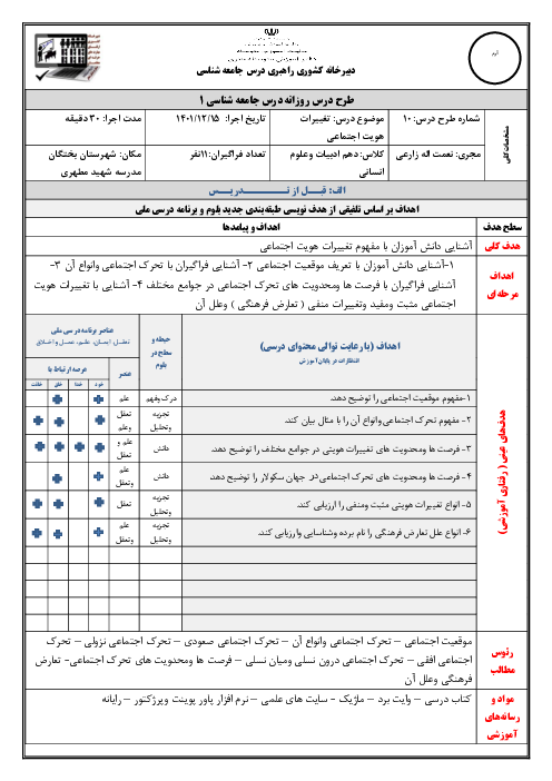 طرح درس روزانه ملی بلوم جامعه شناسی دهم | درس 10: تغییرات هویت اجتماعی