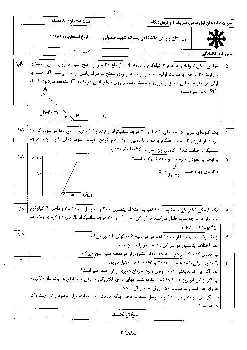 سوالات نوبت اول امتحان فیزیک 1| دبیرستان شهید صدوقی یزد سال 1388