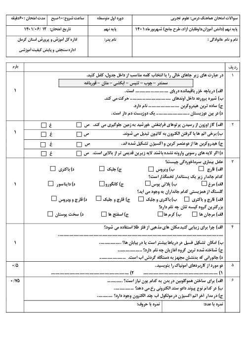 سوالات امتحان هماهنگ پایه نهم استان کرمان در نوبت شهریور 1401 | علوم، فارسی، عربی، آمادگی، املا و نگارش
