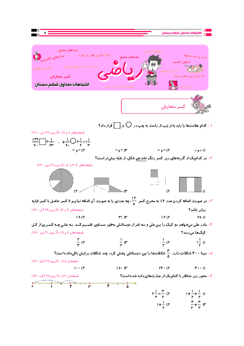 نمونه سوالات تستی ریاضی ششم دبستان با جواب تشریحی  | فصل 2: کسر
