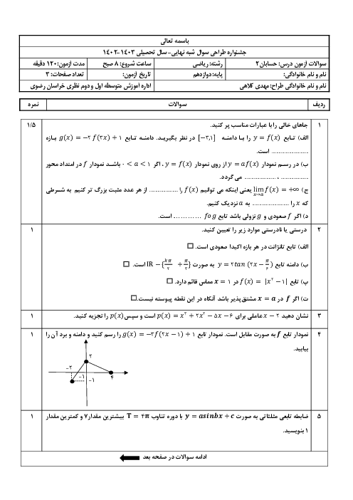 نمونه سوال شبه نهایی حسابان 2 پایه دوازدهم خرداد 1403 استان خراسان رضوی