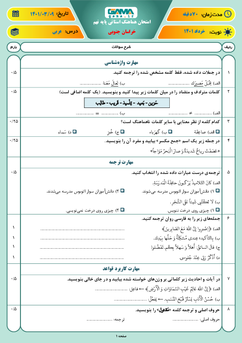 سوالات آزمون نوبت دوم عربی نهم هماهنگ استان خراسان جنوبی | خرداد 1401