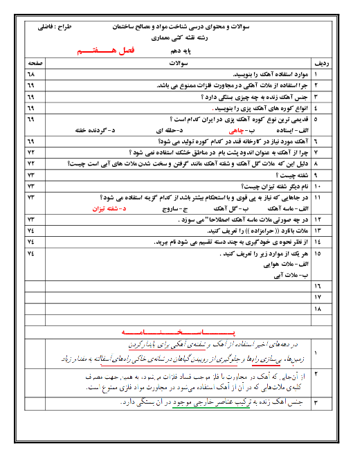 سؤالات آزمون  شناخت مواد و مصالح دهم هنرستان امام علی (ع) | فصل 7: آهک